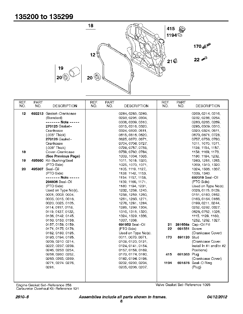 Crankcase Cover/Sump 2 Diagram and Parts List for 135207-0325-XX  Briggs and Stratton Engine
